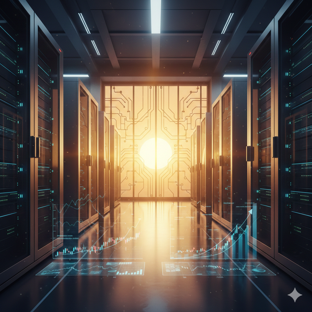 2026 Market Outlook: A symbolic hero image featuring an AI chip sun rising over a data center with upward stock charts, representing a new economic cycle and exponential growth.